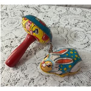 Noise Makers Vintage Lot of 2 Tin Litho Graphics Vintage Collectible